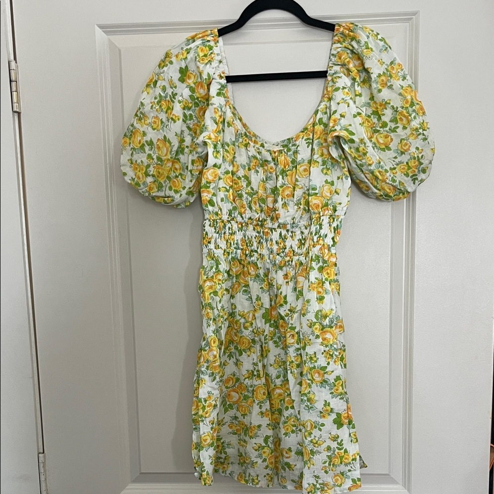 Faithfull The Brand Linen Yellow Floral Puff-Sleeve Smocked Waist Dress